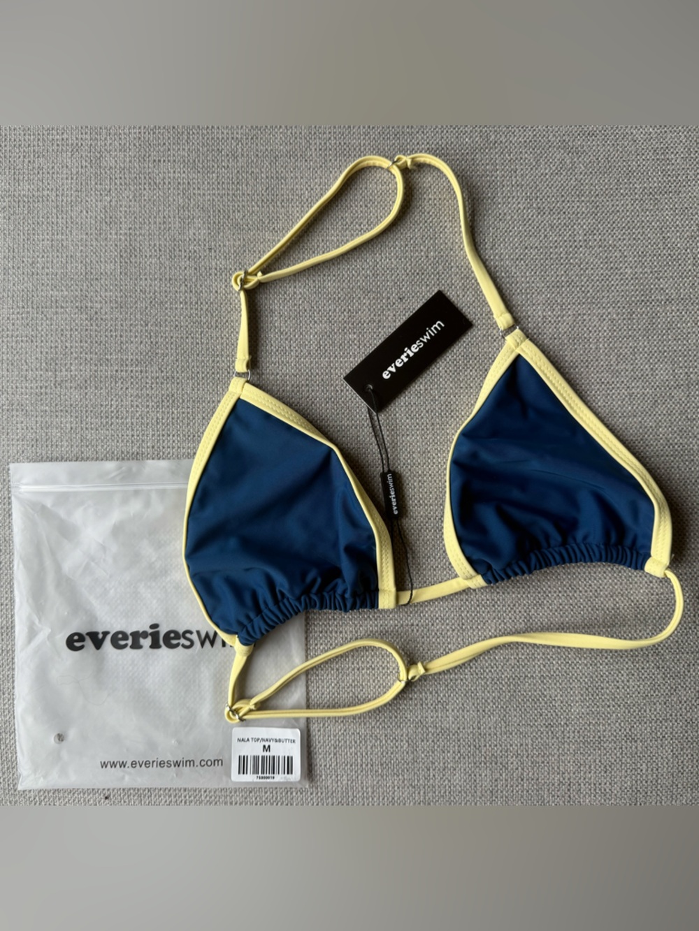 Everieswim Navy Triangle Bikini Top with Yellow Trim